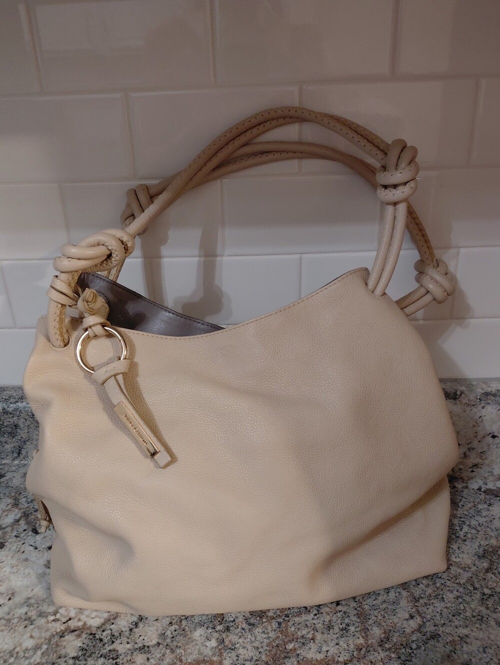 Vince Camuto Cream Pebbled Leather Knotted-Handle Hobo Bag Purse